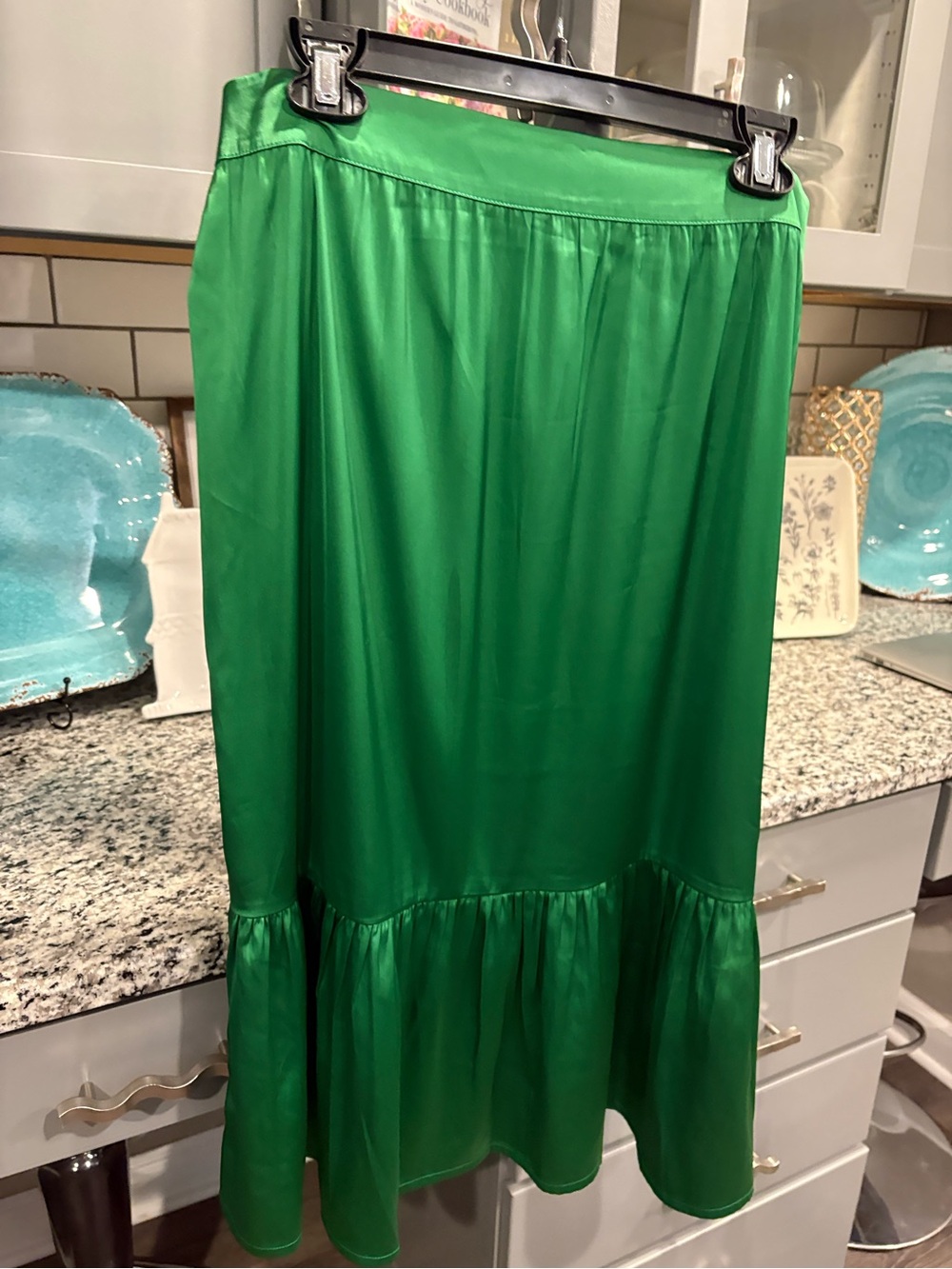 Green Satin Tiered Midi Skirt - Women